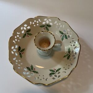 Lennox Holiday Pierced Chamber-stick Candle Stick Holder Holly‎ & Berries